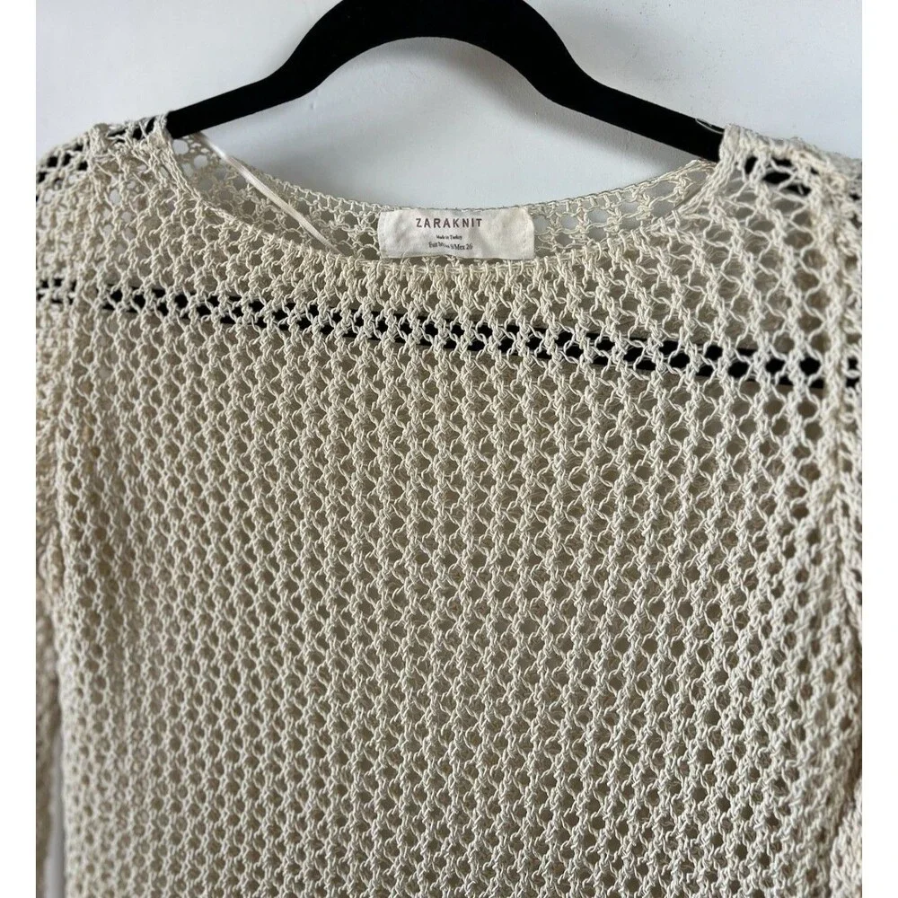 ZARAKNIT Beige Knit Openwork Long Sleeve Boat Neck Women's Top Small